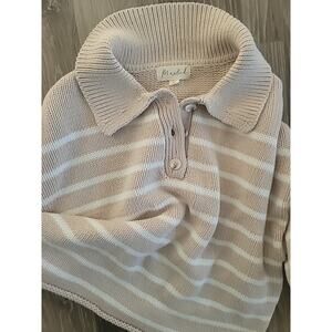 Marled Women's L Preppy Rugby Ribbed Knit Collared Sweater Tan Ivory Stripe